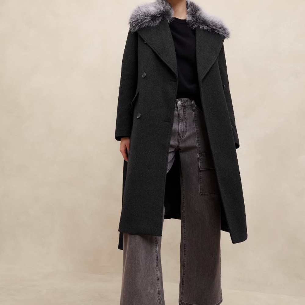 NWT Banana Republic Factory Black Trench Coat with Gray Fur Collar